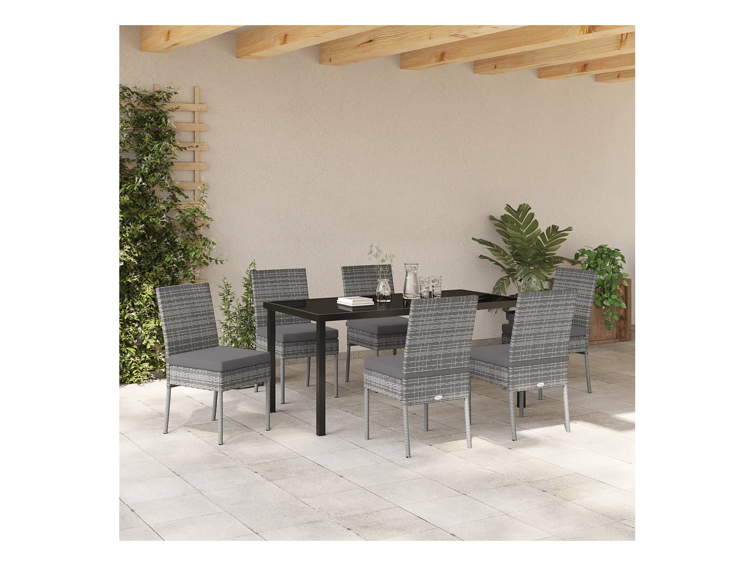 Set van 7 grijze polyrotan tuinstoelen