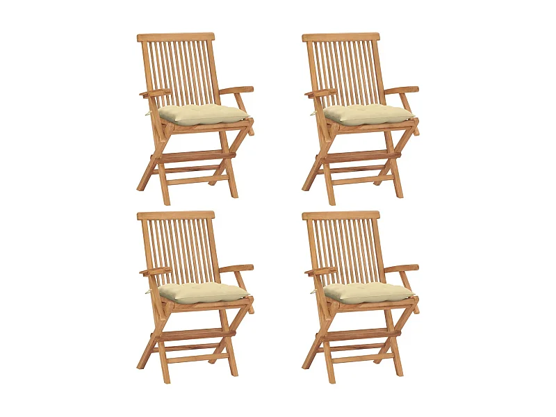 Juego de 4 sillas de jardín y cojines en blanco crema de teca maciza