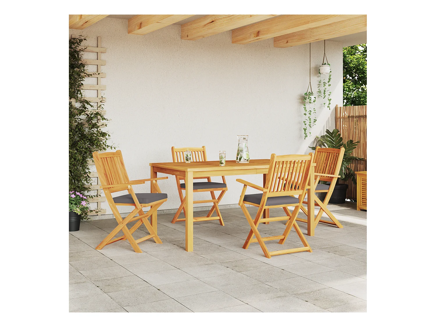 Chaises de jardin pliantes avec coussin gris 4pcs en bois d'acacia massif