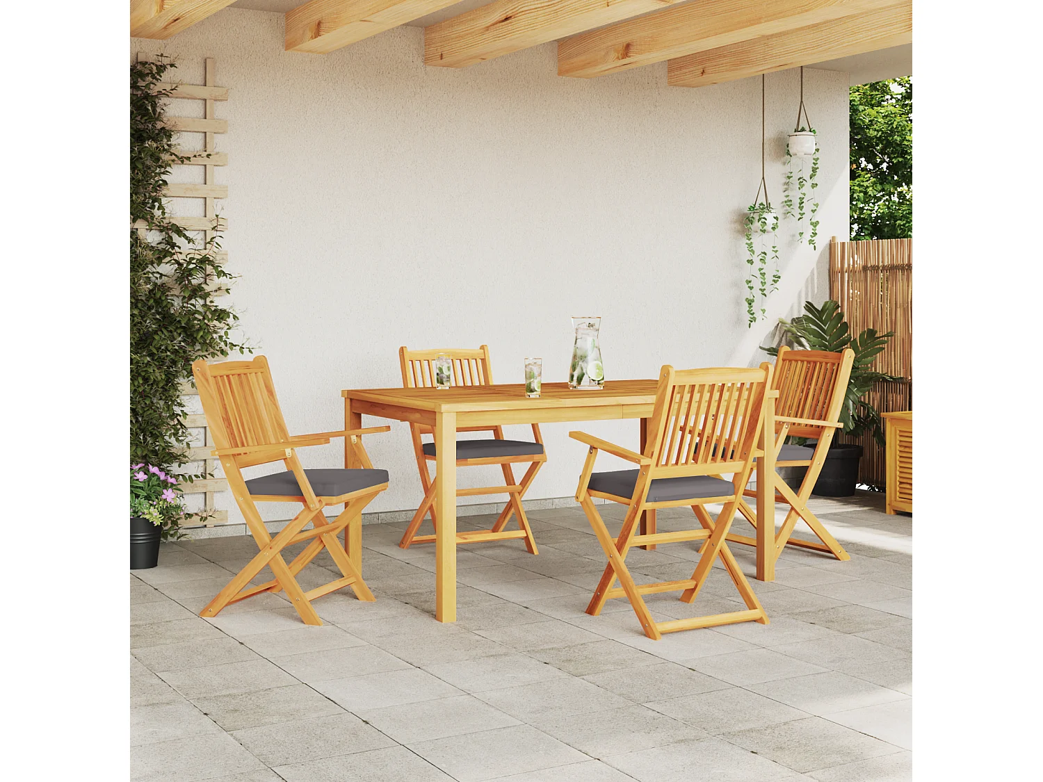 Chaises de jardin pliantes avec coussin gris 4pcs en bois d'acacia massif