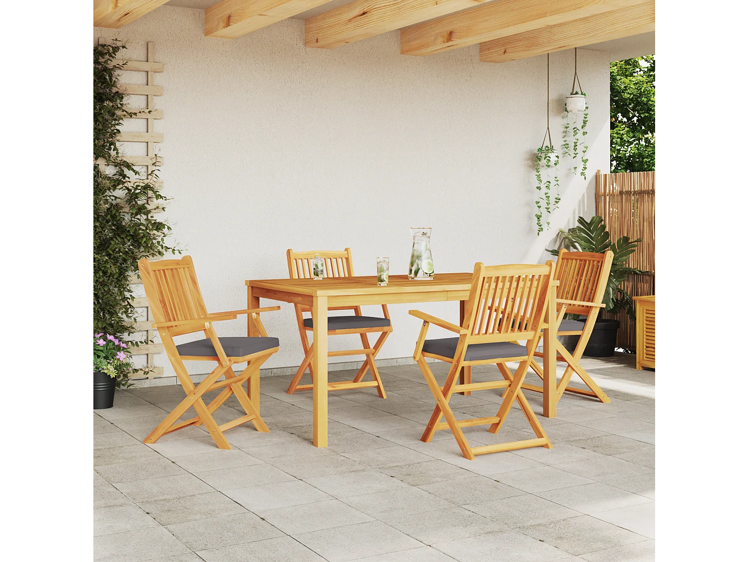 Chaises de jardin pliantes avec coussin gris 4pcs en bois d'acacia massif