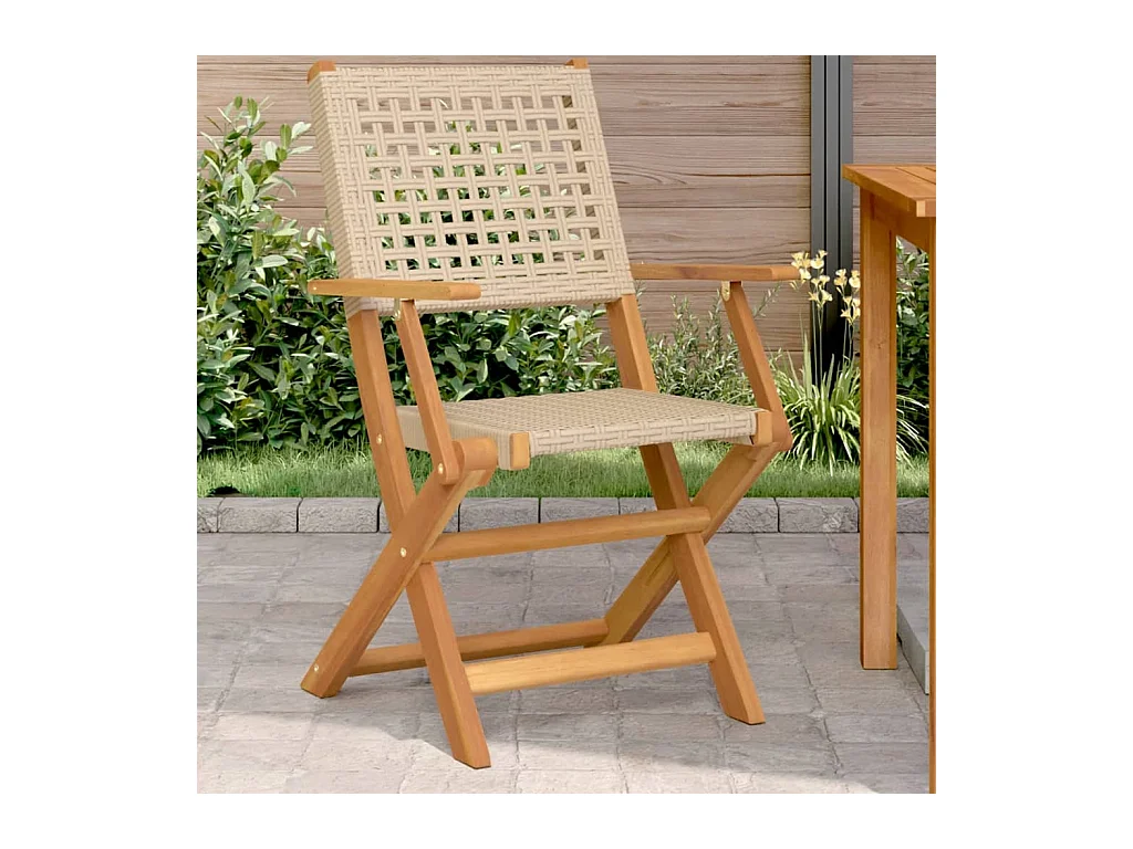 Conjunto de 2 sillas de jardín beige, madera maciza de acacia y ratán.