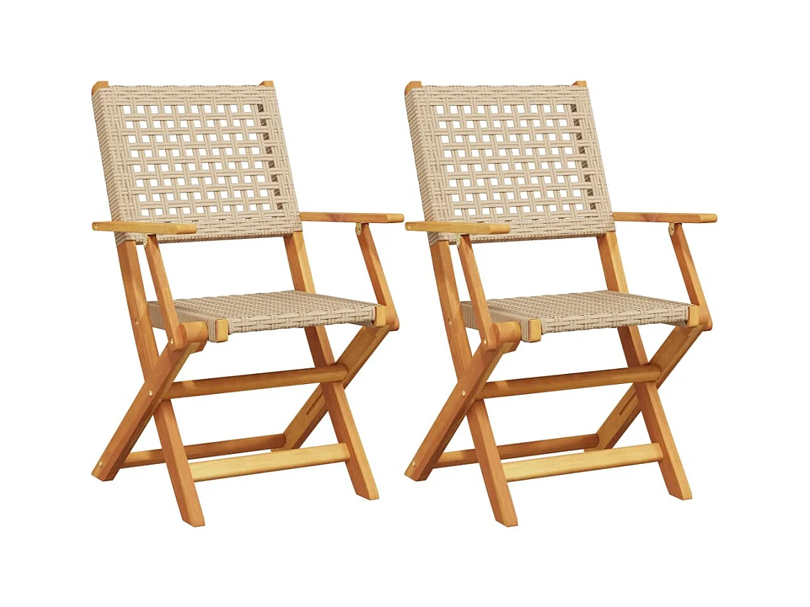 Conjunto de 2 sillas de jardín beige, madera maciza de acacia y ratán.