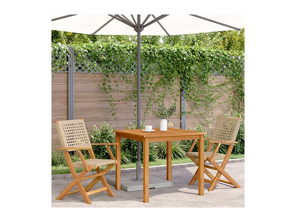 Conjunto de 2 sillas de jardín beige, madera maciza de acacia y ratán.