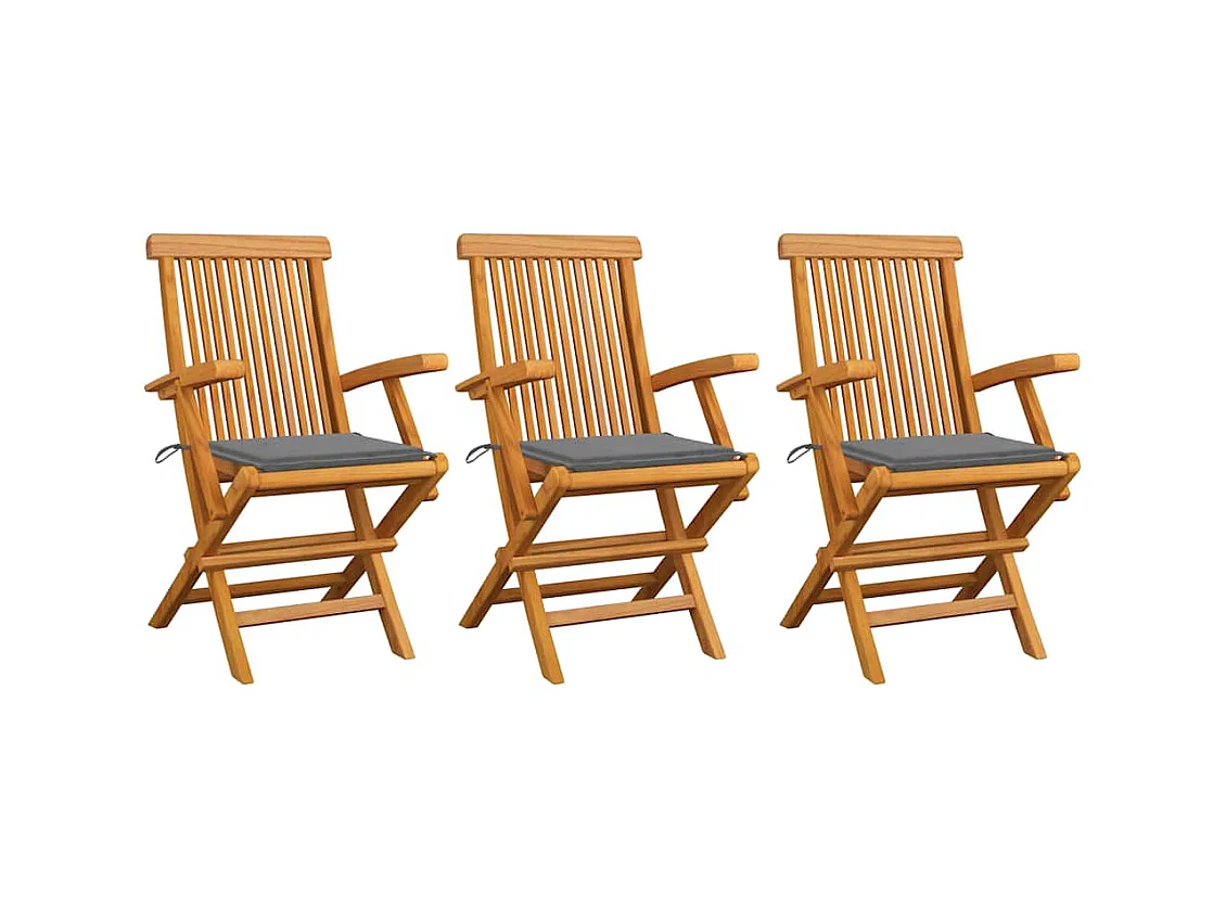 Chaises de jardin avec coussins gris lot de 3 Bois teck massif