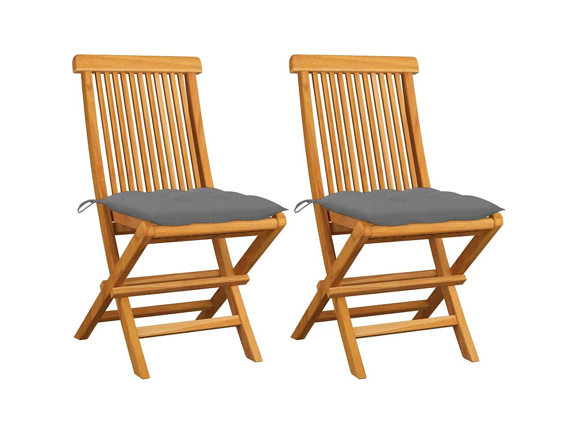 Set di 2 sedie da giardino e cuscini grigi in legno massello di teak