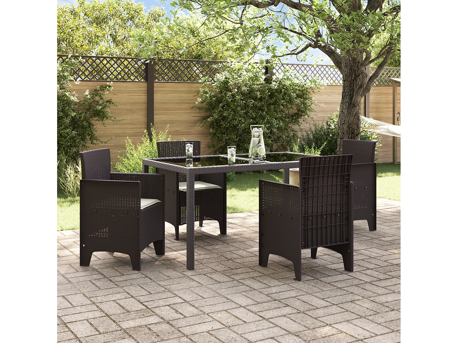 Tuinstoelen met kussens 4 stuks Bruin Poly Rotan