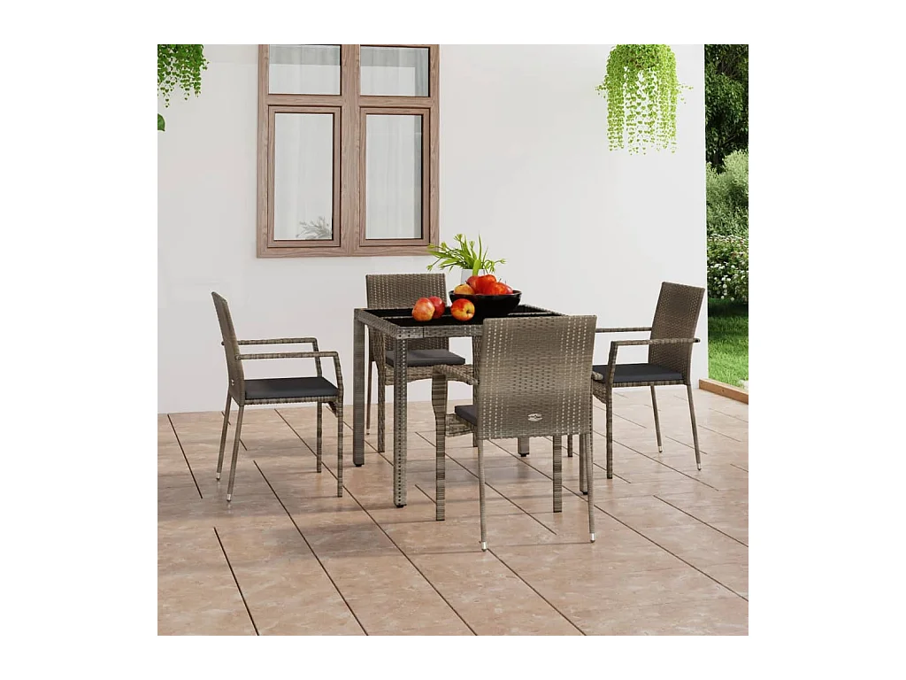 Set di 4 sedie da giardino con cuscini in resina intrecciata grigia