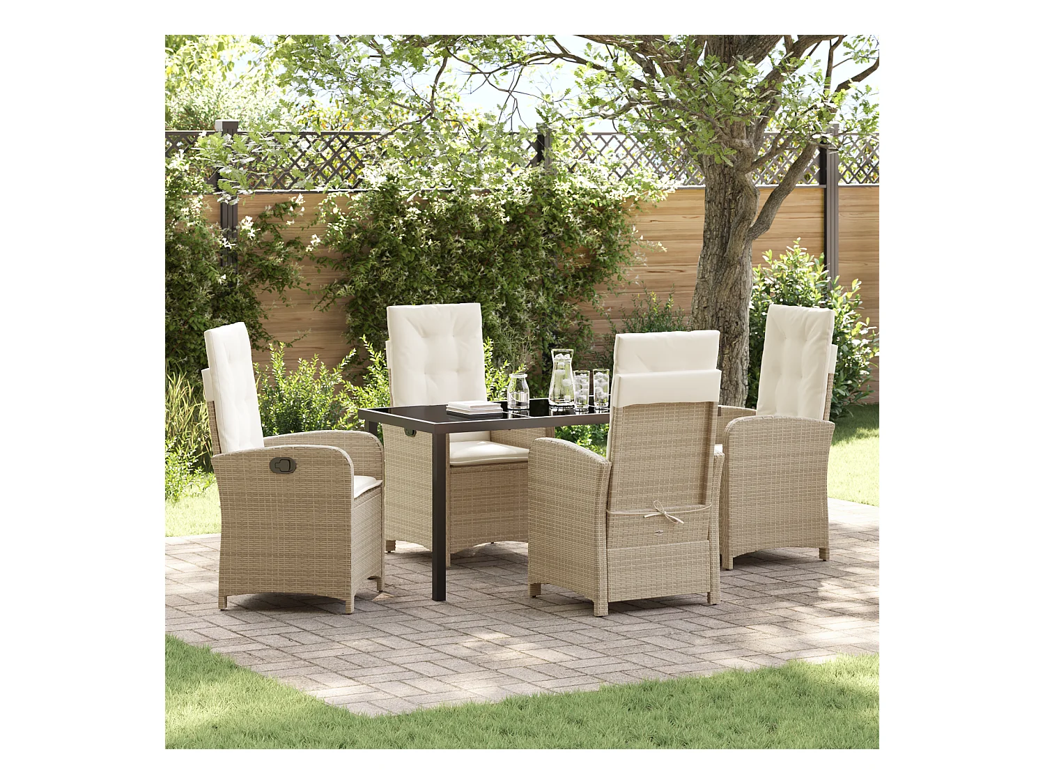 Set di 5 sedie da giardino con cuscini, in polyrattan beige