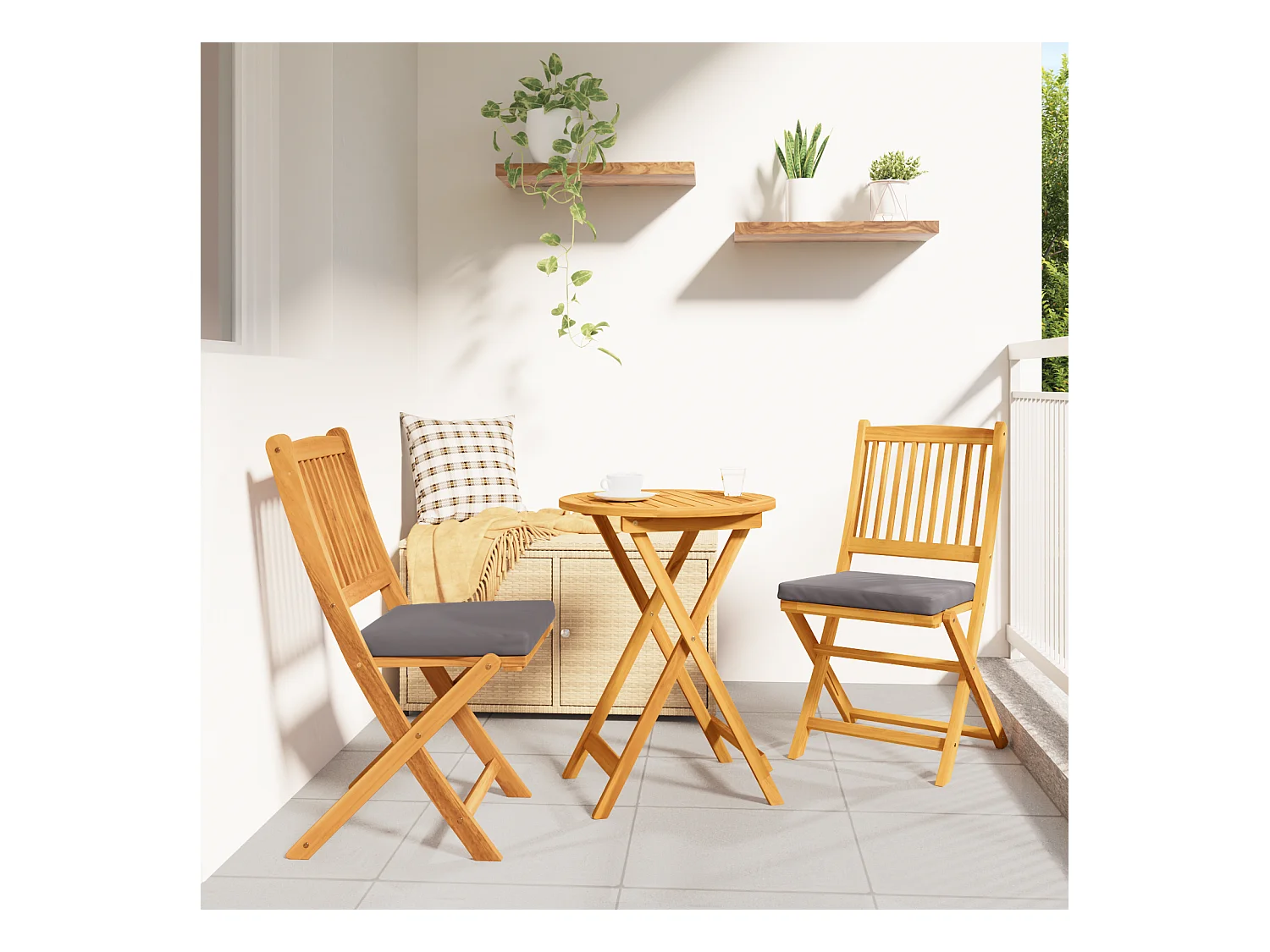 sillas de jardín plegables de madera maciza de acacia con cojín gris