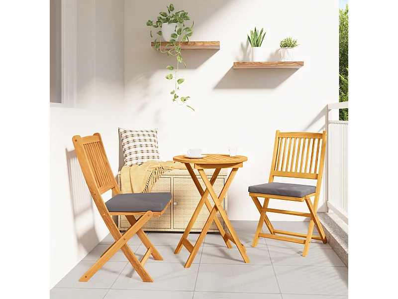 Chaises de jardin pliantes avec coussin gris 2pcs en bois d'acacia massif