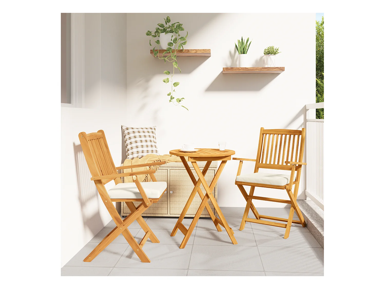 Chaises de jardin pliantes avec coussin blanc 2 pièces en bois d'acacia solide