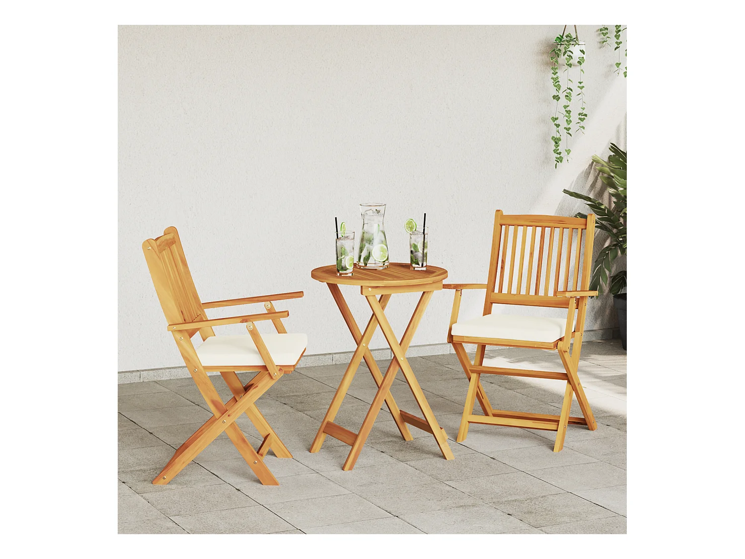 Chaises de jardin pliantes avec coussin blanc 2 pièces en bois d'acacia solide