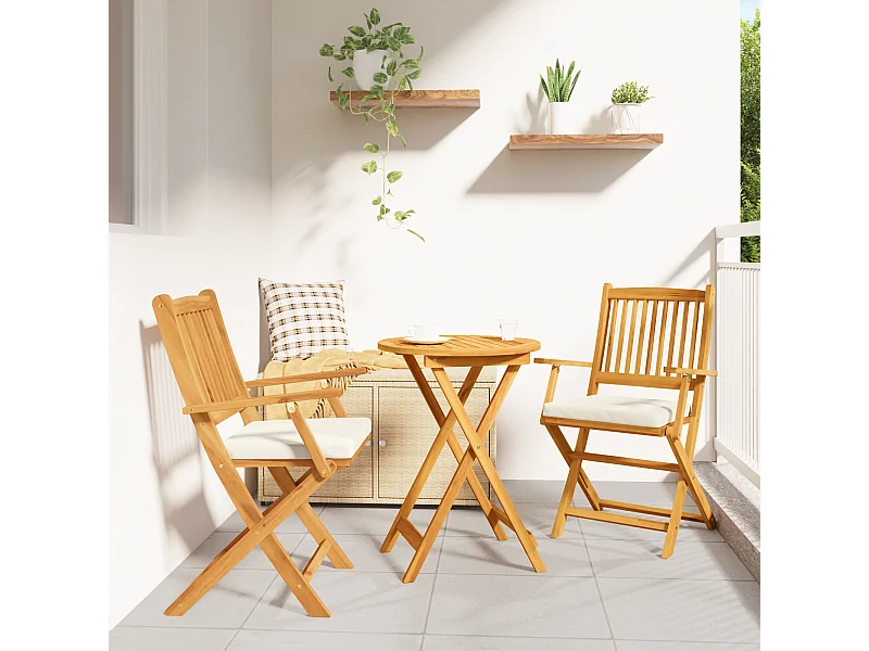 Chaises de jardin pliantes avec coussin blanc 2 pièces en bois d'acacia solide