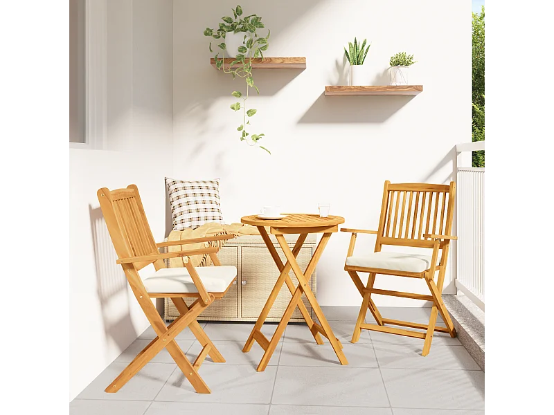 Sedie da giardino pieghevoli con cuscino bianco 2 pezzi in legno massello di acacia