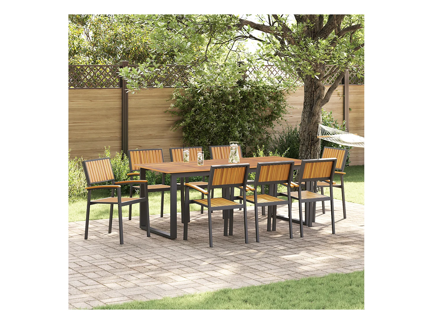 Sedie da giardino impilabili da 8 pezzi in acciaio nero e legno massello di acacia