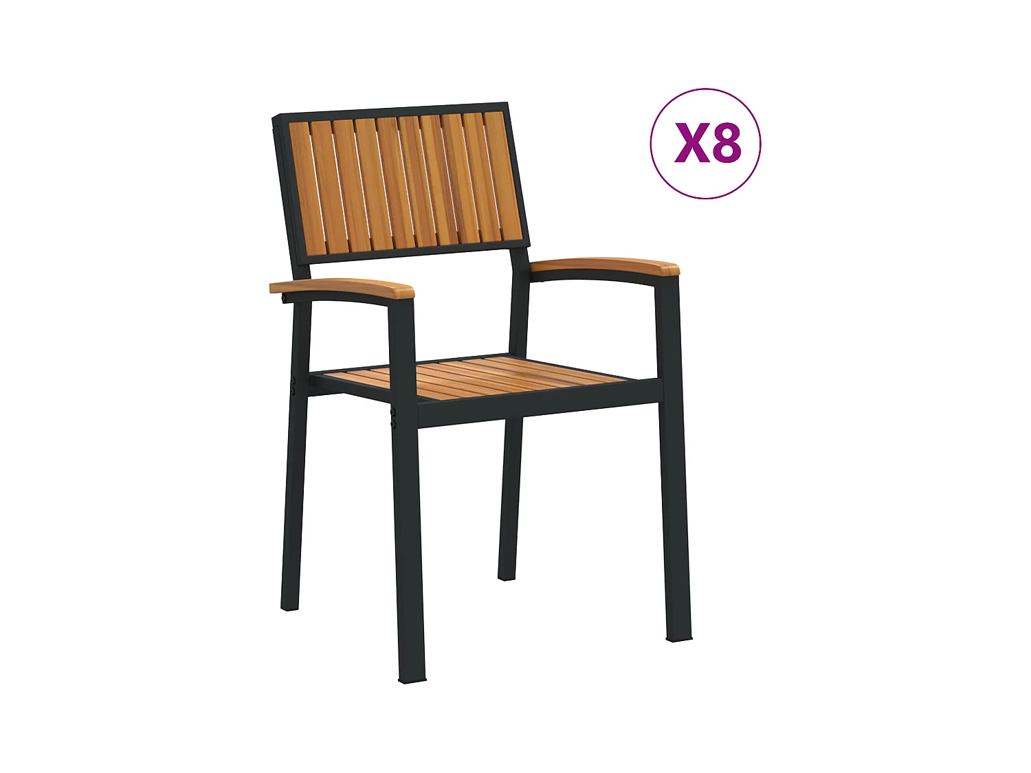 Sedie da giardino impilabili da 8 pezzi in acciaio nero e legno massello di acacia
