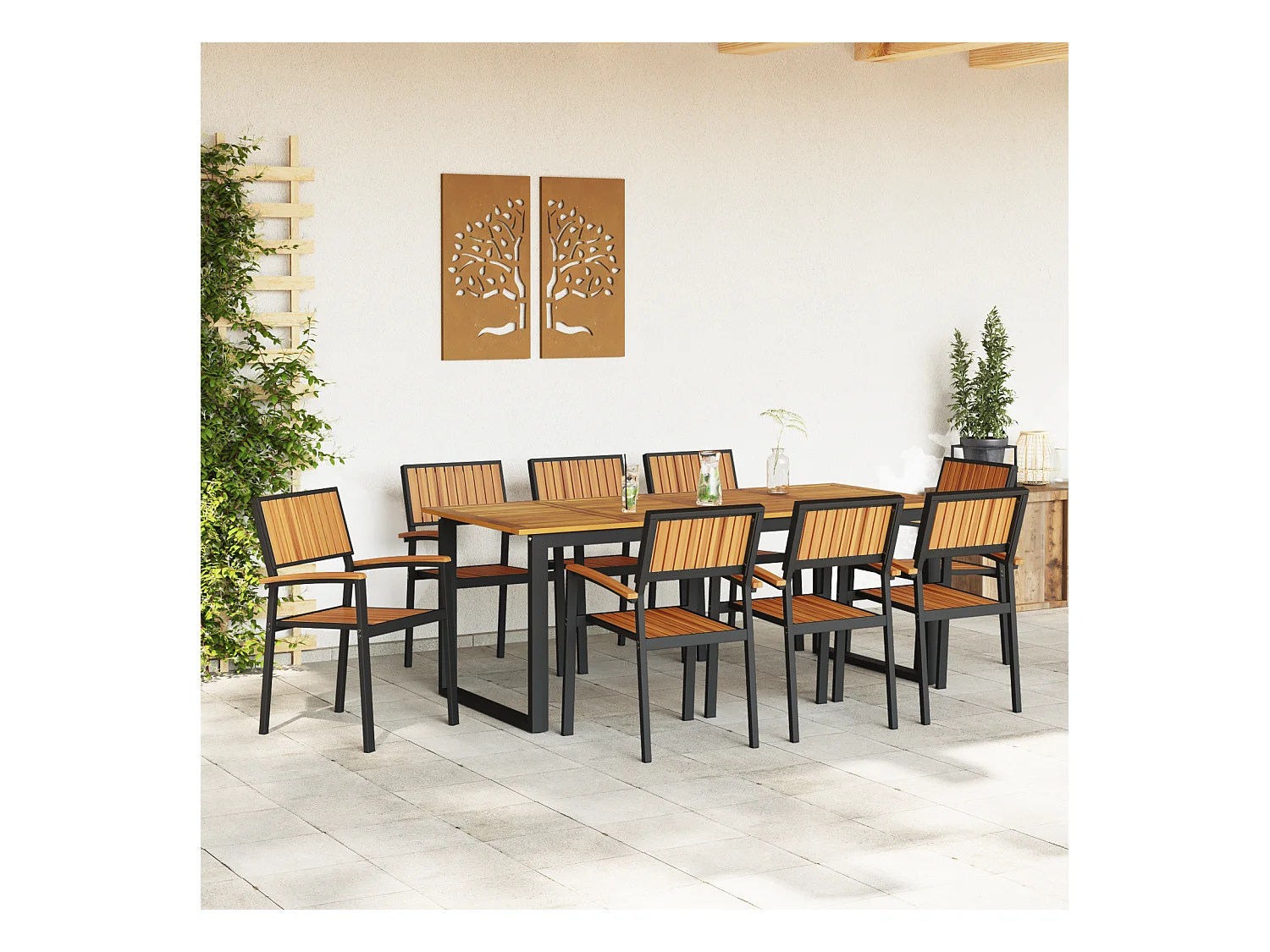 Sedie da giardino impilabili da 8 pezzi in acciaio nero e legno massello di acacia