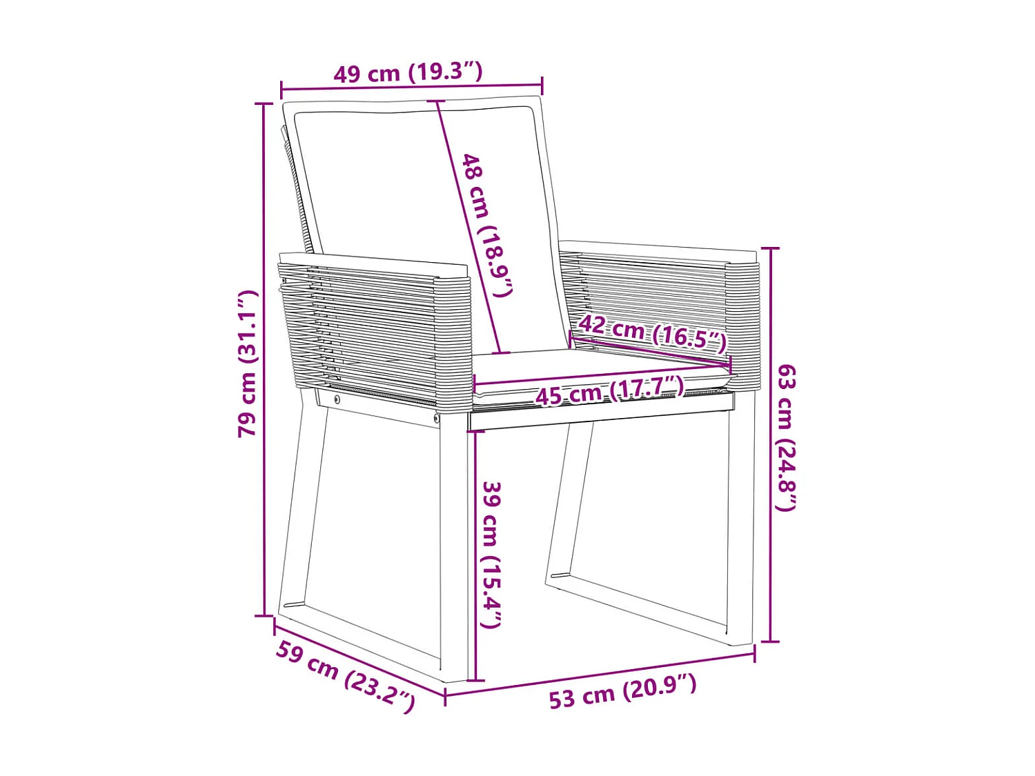 Set van 4 tuinstoelen met zwarte rieten kussens