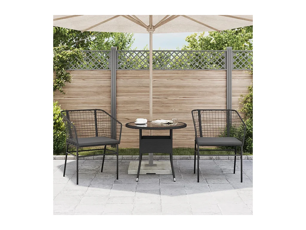 Set van 2 tuinstoelen met zwarte geweven harskussens