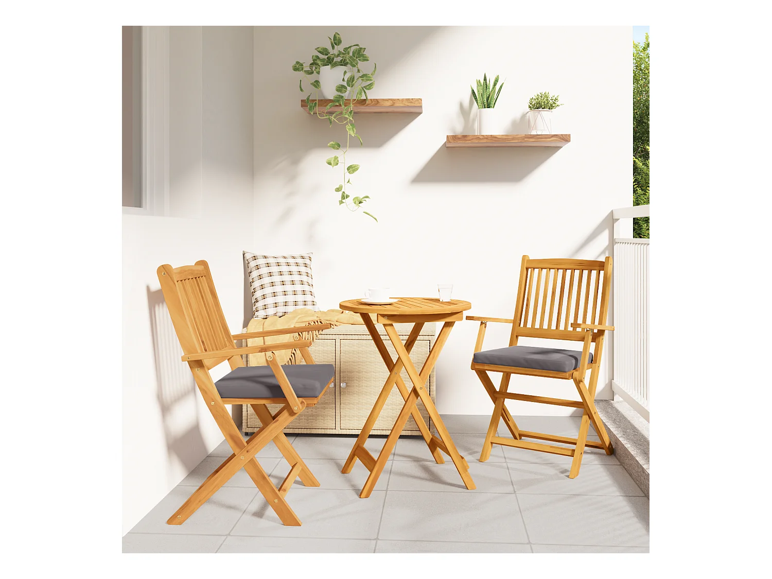 2-delige opvouwbare tuinstoelen met grijs kussen van massief acaciahout