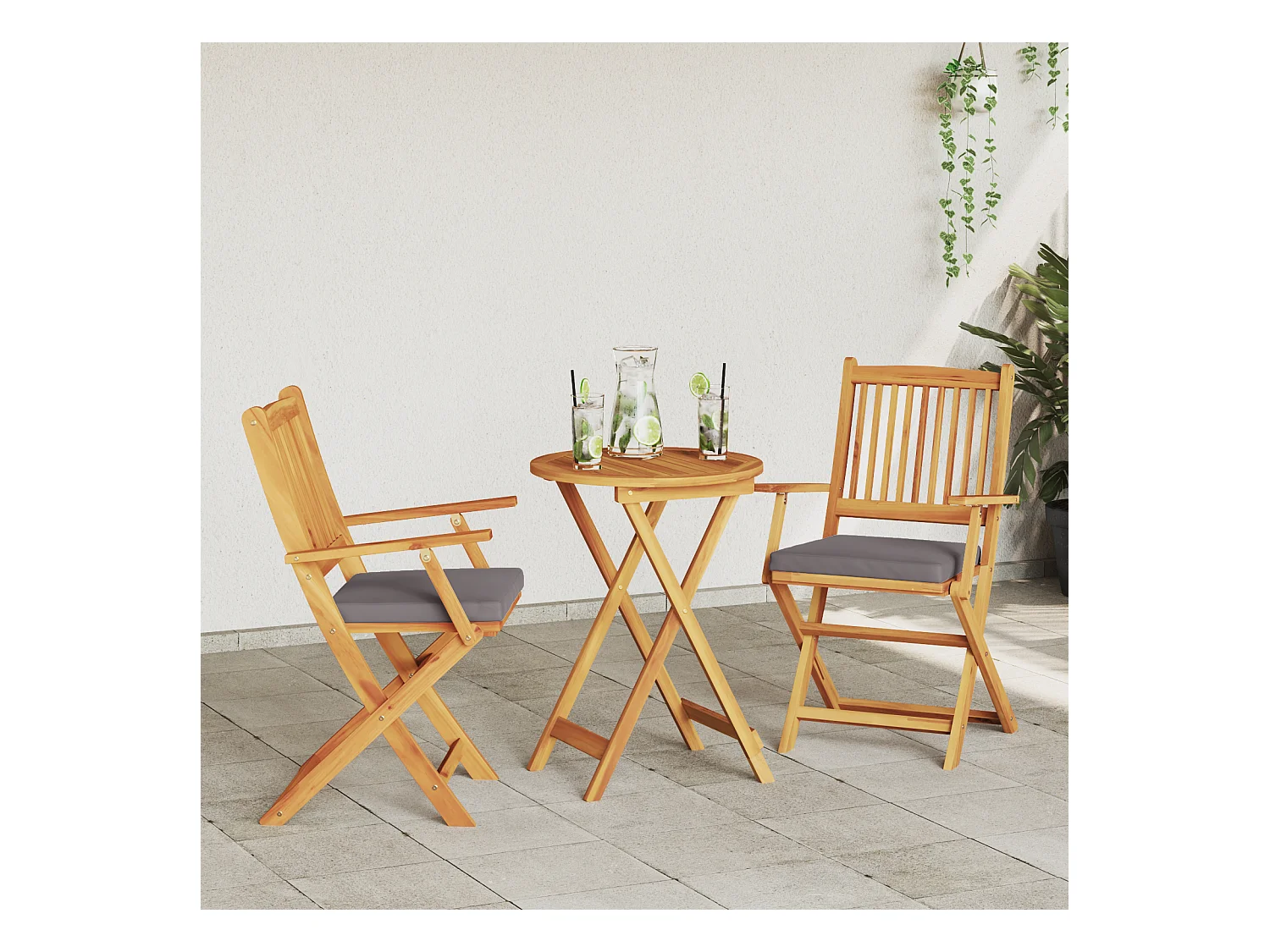 2-delige opvouwbare tuinstoelen met grijs kussen van massief acaciahout