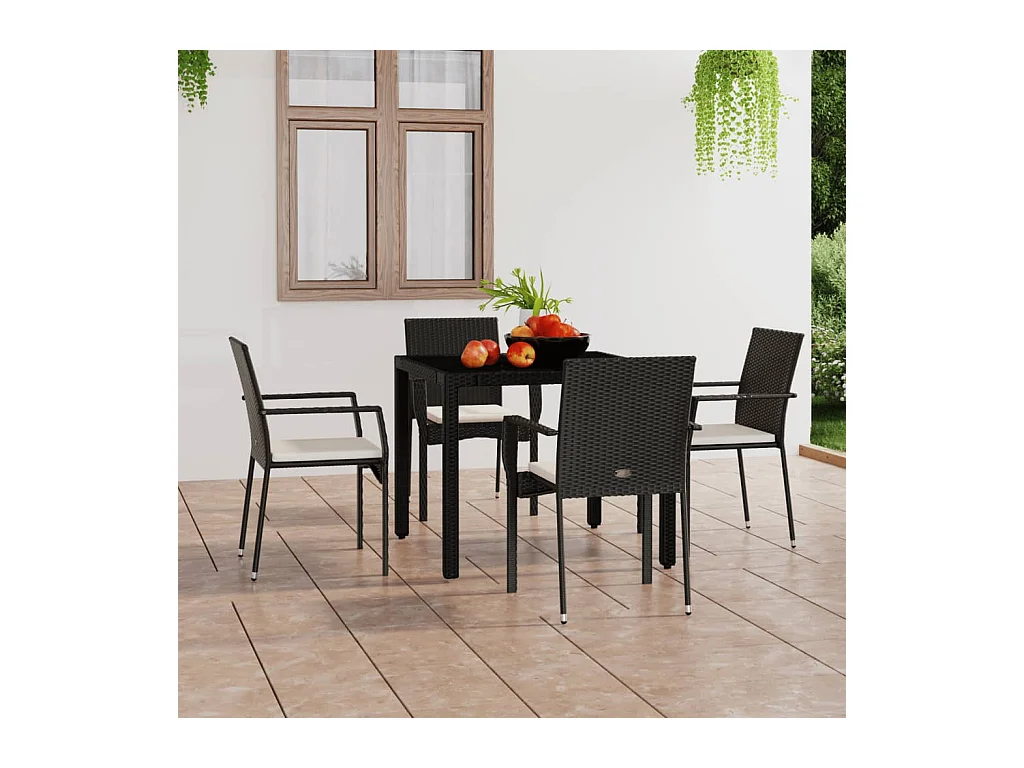 Chaises de jardin lot de 4 avec coussins Résine tressée Noir