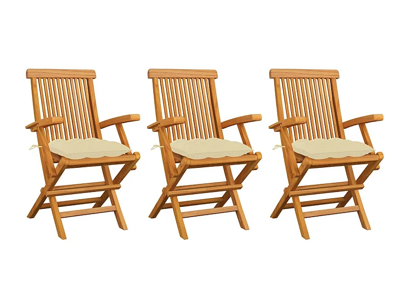 Chaises de jardin et coussins blanc crème lot de 3 Teck massif