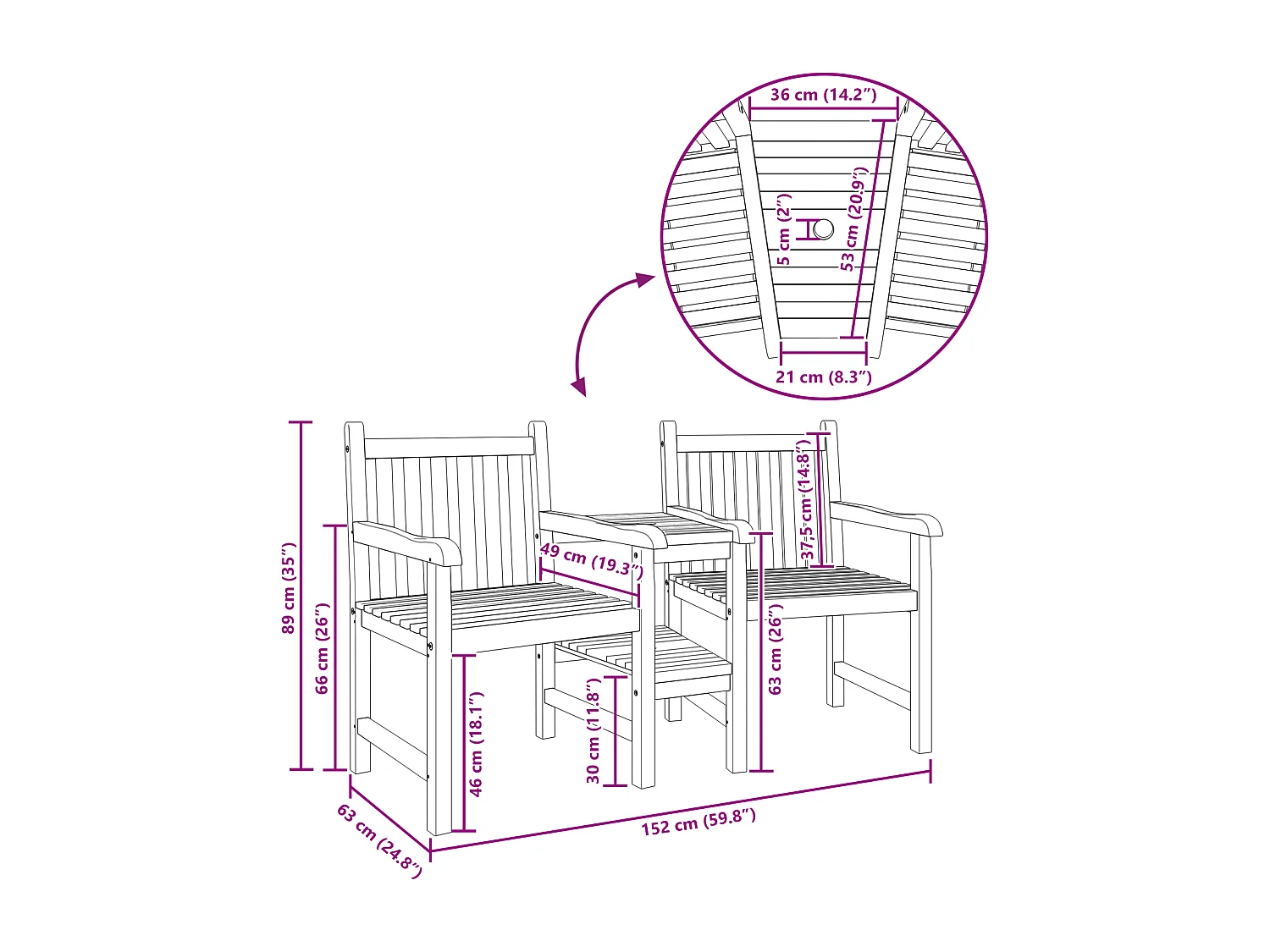 Bruine tuinstoelen 152 x 63 x 89 cm massief teakhout