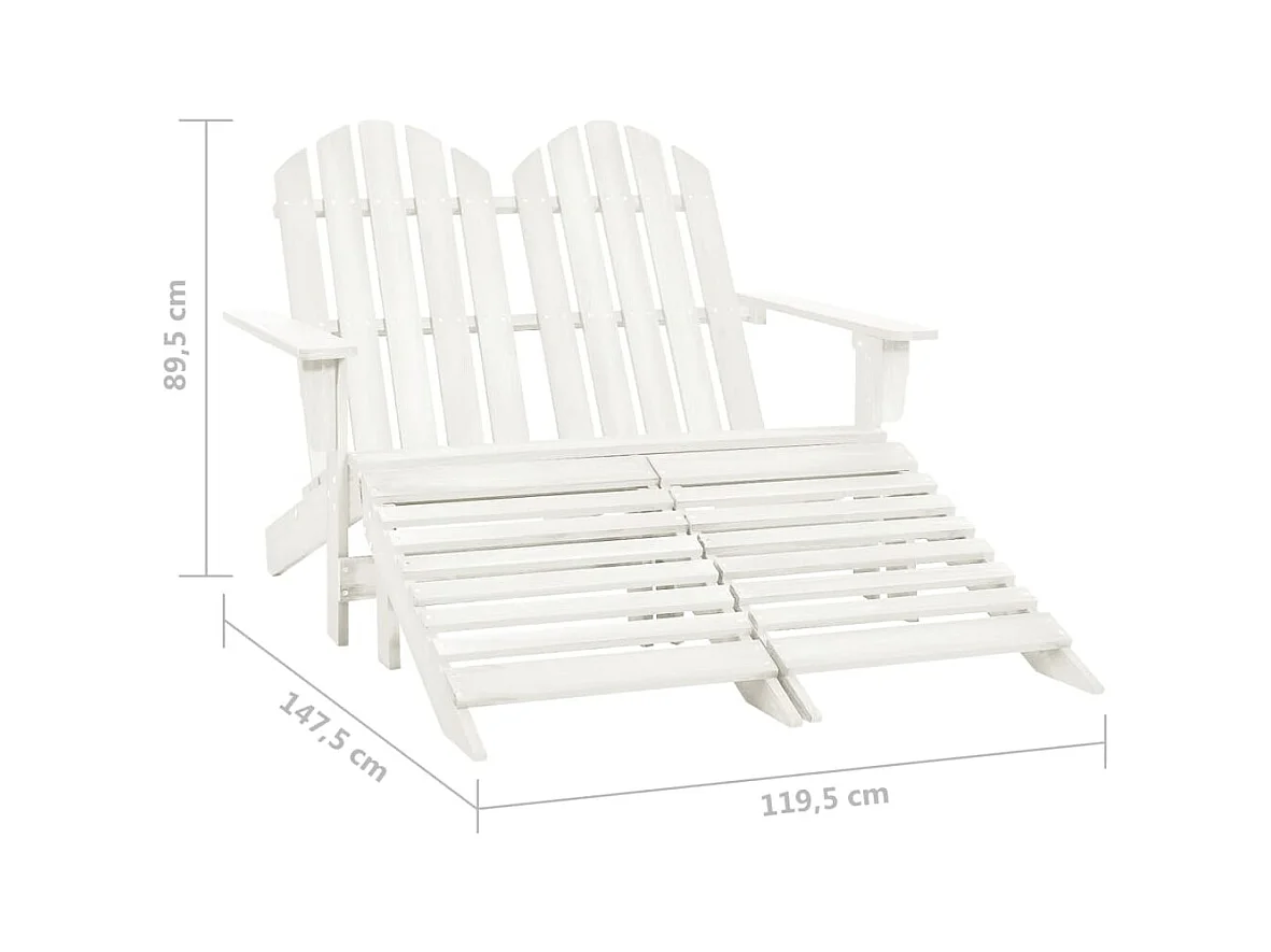 Silla de jardín Adirondack de 2 plazas y reposapiés en abeto blanco