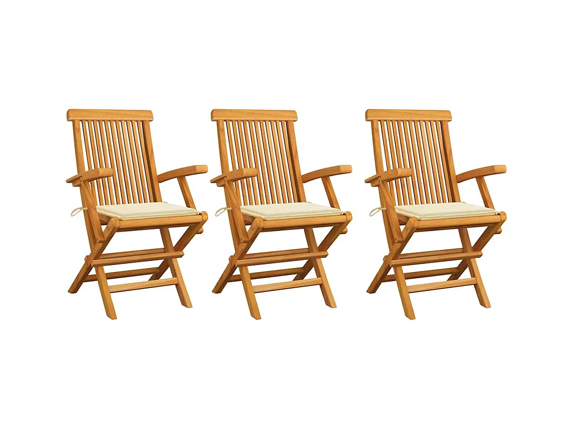 Set di 3 sedie da giardino con cuscini color crema in legno massello di teak