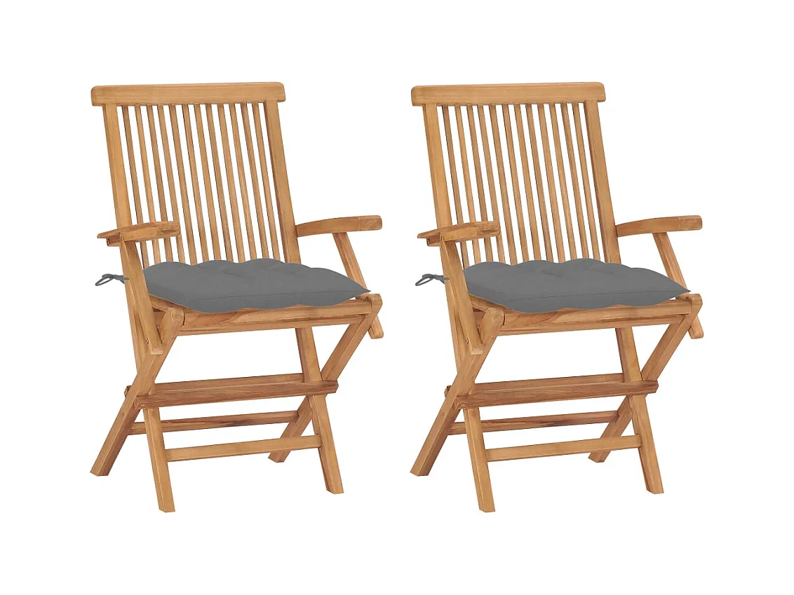 Set di 2 sedie da giardino con cuscini grigi in legno massello di teak