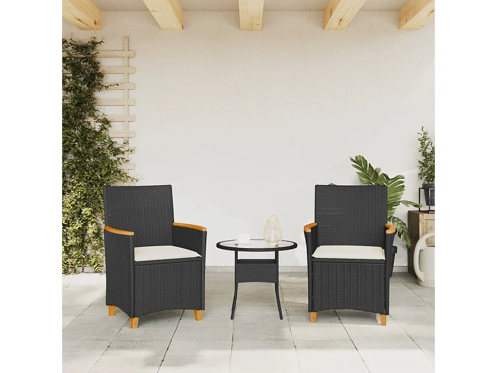 Chaises de jardin coussins lot de 2 noir résine tressée et bois