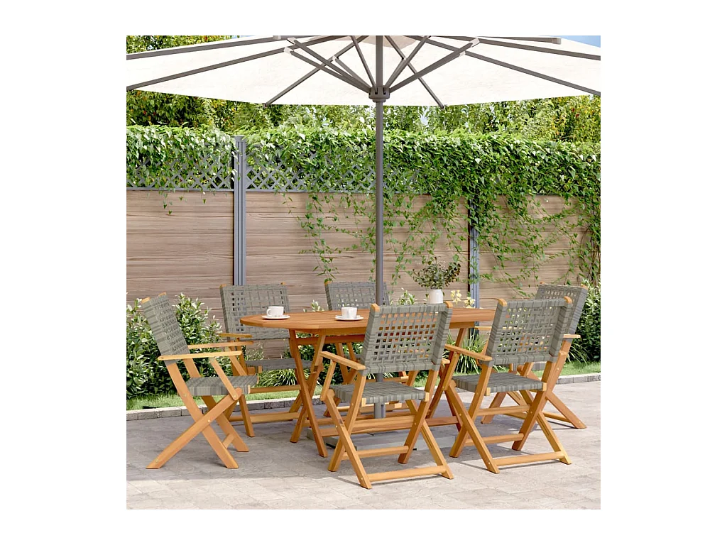 Set di 6 sedie pieghevoli da giardino in polyrattan grigio e legno massello