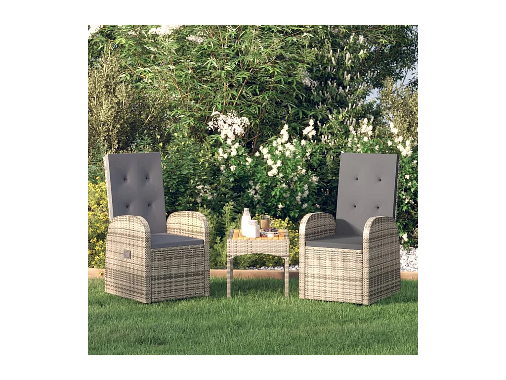 Set 2 sedie reclinabili da giardino e cuscini in resina grigia in vimini