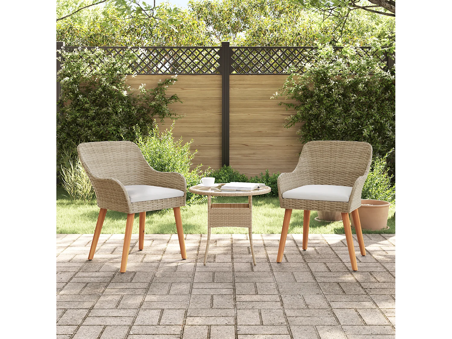 Chaises de jardin avec coussins 2 pcs Beige Poly Rattan