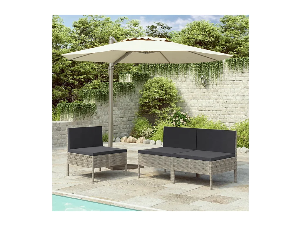 Set di 3 sedie da giardino con cuscini in resina intrecciata grigia