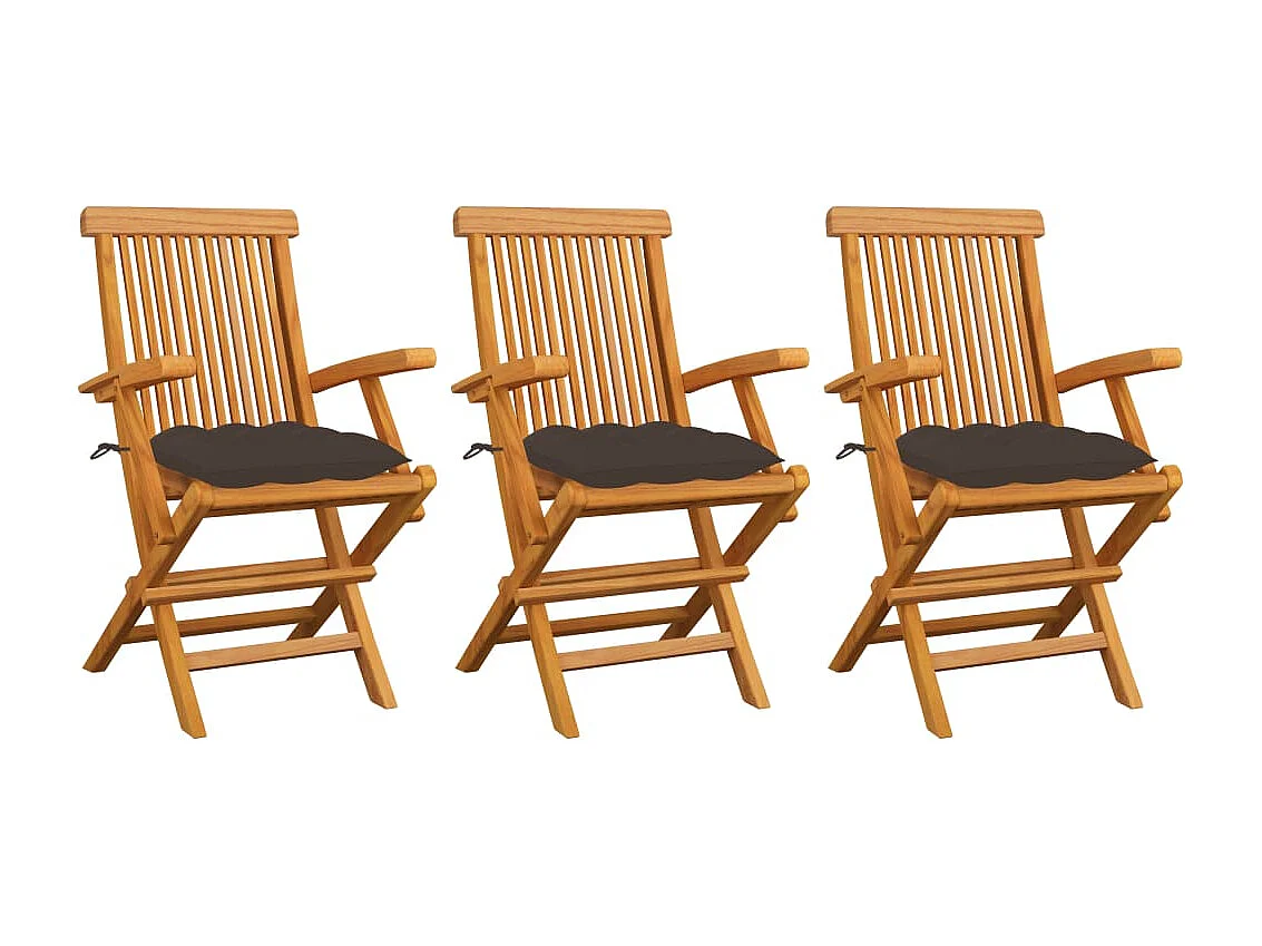 Chaises de jardin avec coussins taupe lot de 3 Bois teck massif