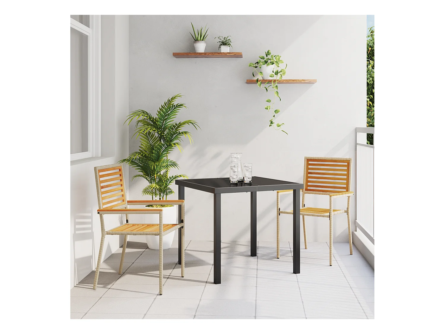 Chaises de jardin empilables - Set de 2 en poly rattan beige.