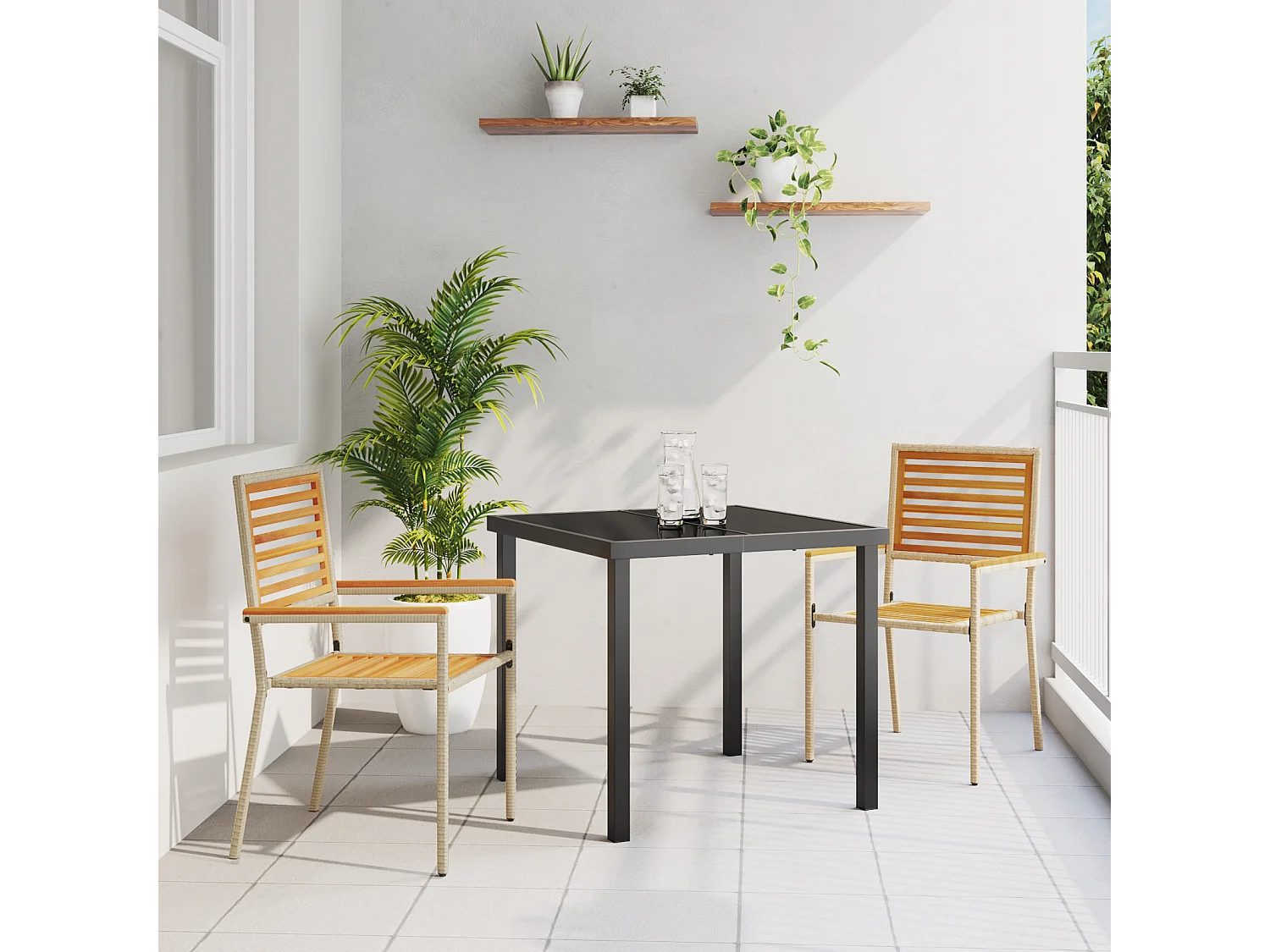 Chaises de jardin empilables - Set de 2 en poly rattan beige.