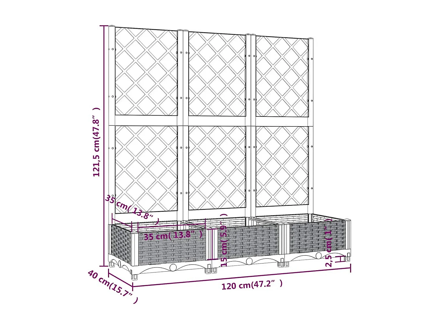 Plantenbak met trellis blauwgrijs 120x40x121,5 cm PP