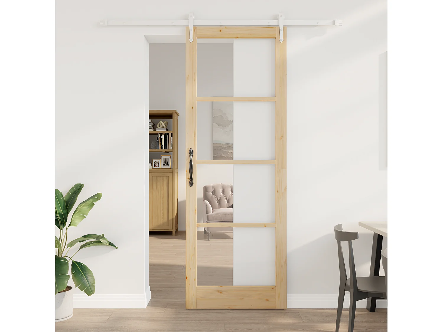 Puerta corredera con herrajes 83x232 cm en madera maciza de pino