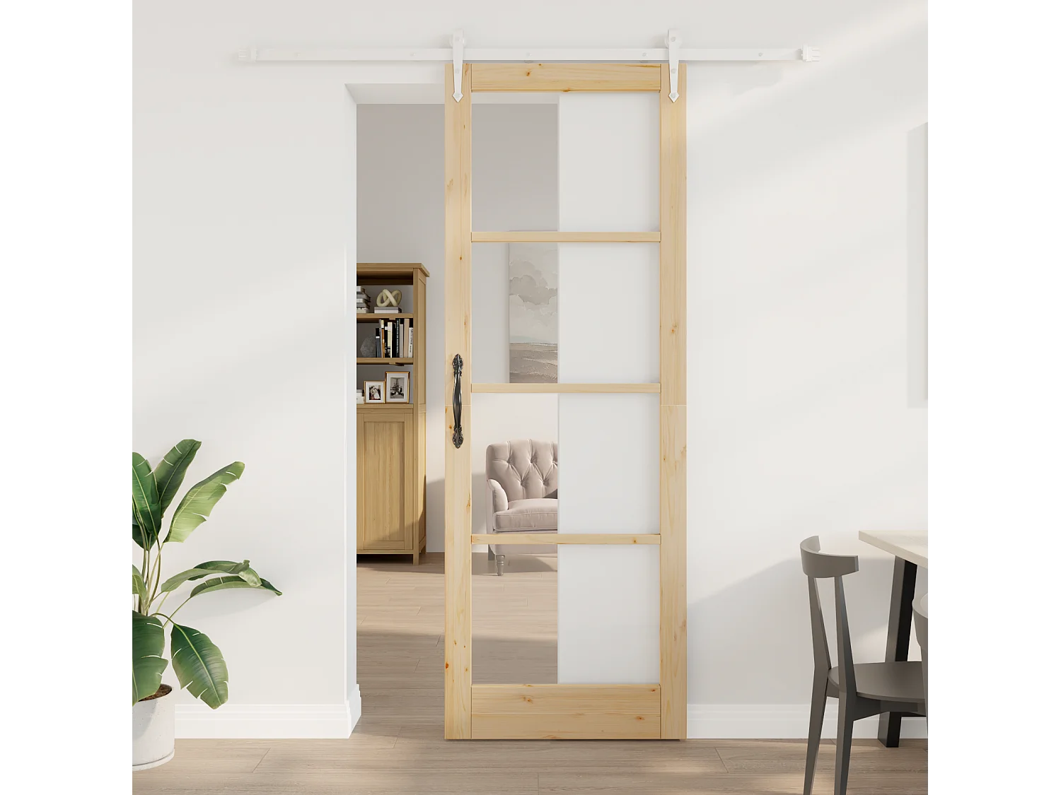 Puerta corredera con herrajes 83x232 cm en madera maciza de pino