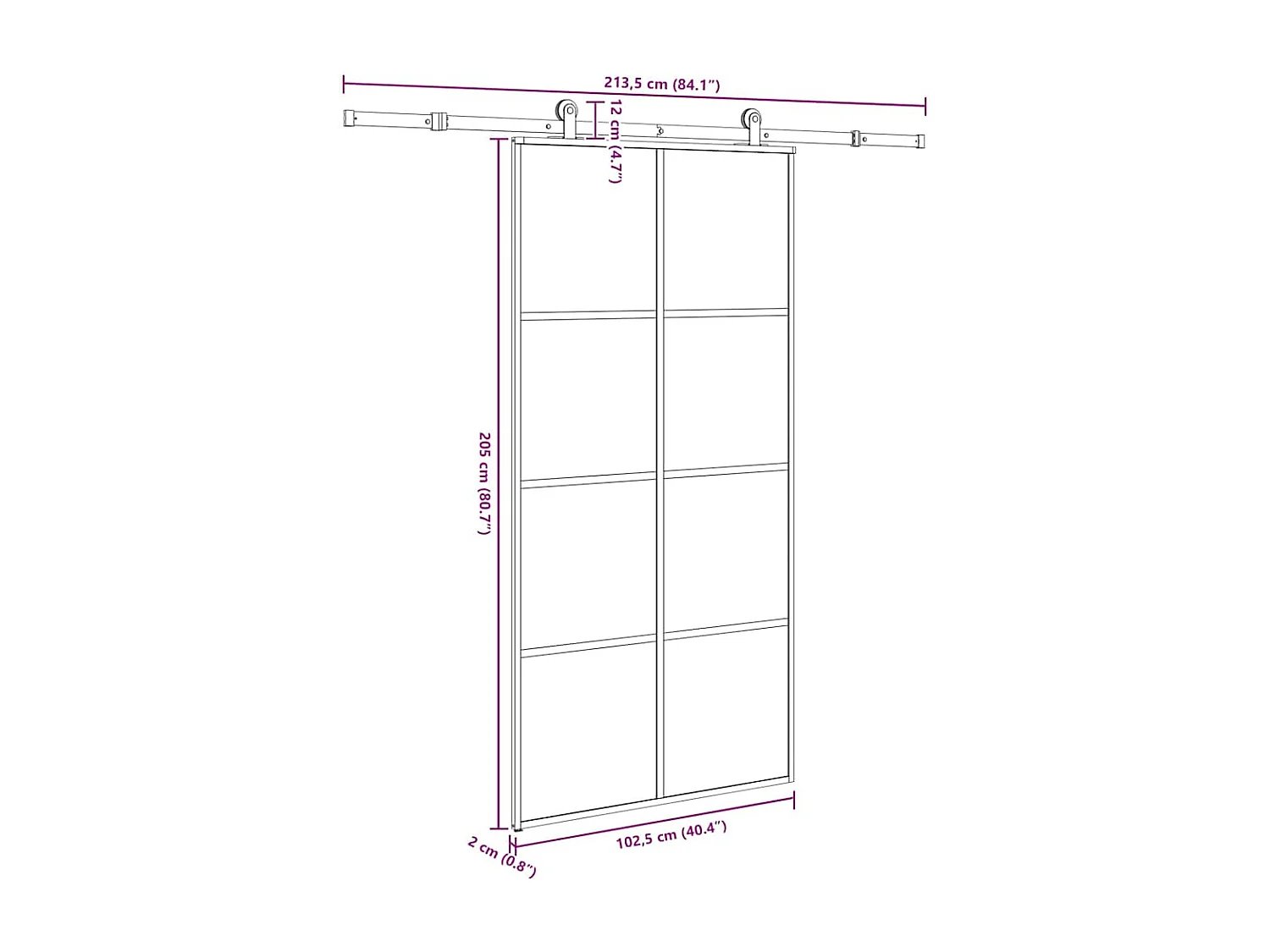 Porte coulissante et kit de quincaillerie 102,5x205cm Verre ESG