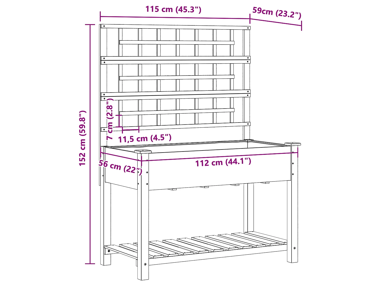 Plantenbak met trellis en plank 115x59x152 cm van massief dennenhout