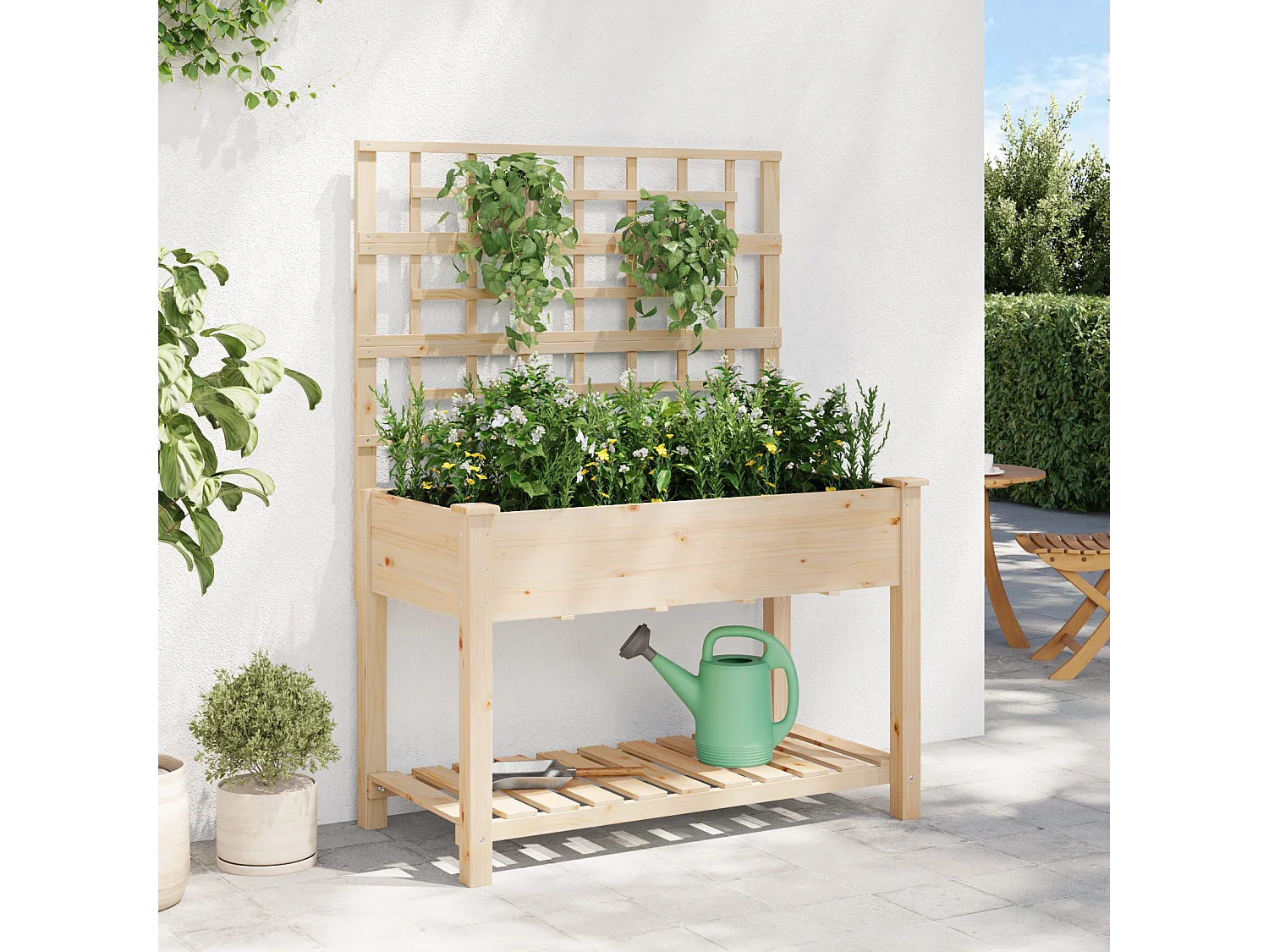 Plantenbak met trellis en plank 115x59x152 cm van massief dennenhout