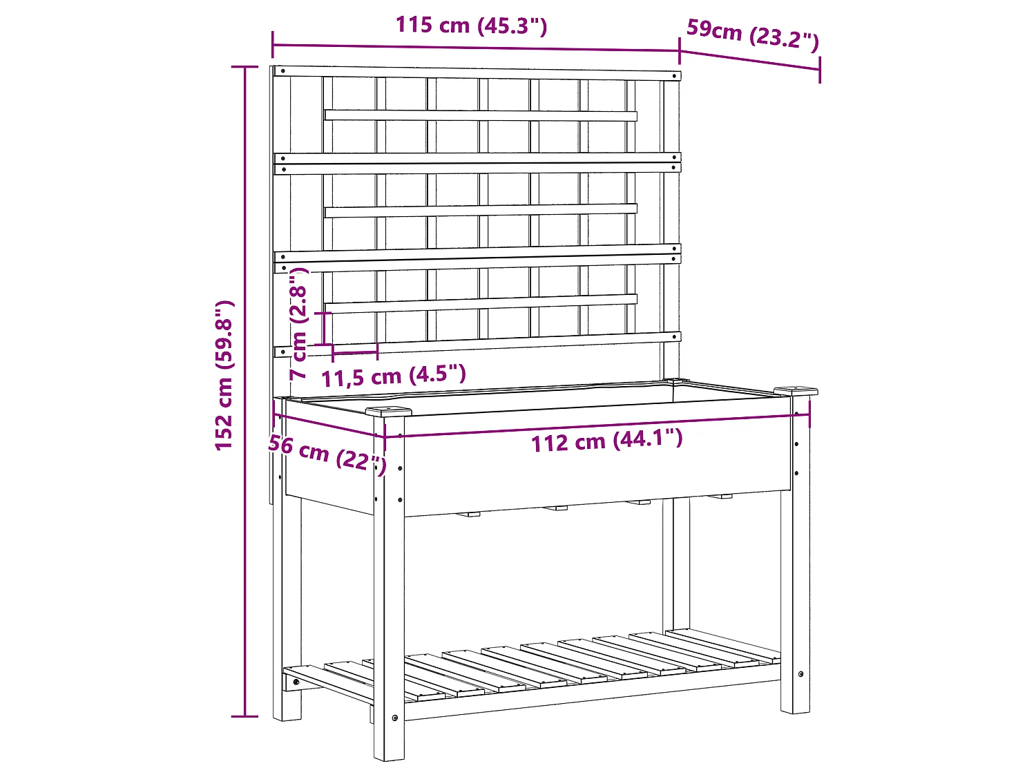 Plantenbak met trellis en plank 115x59x152 cm van massief dennenhout