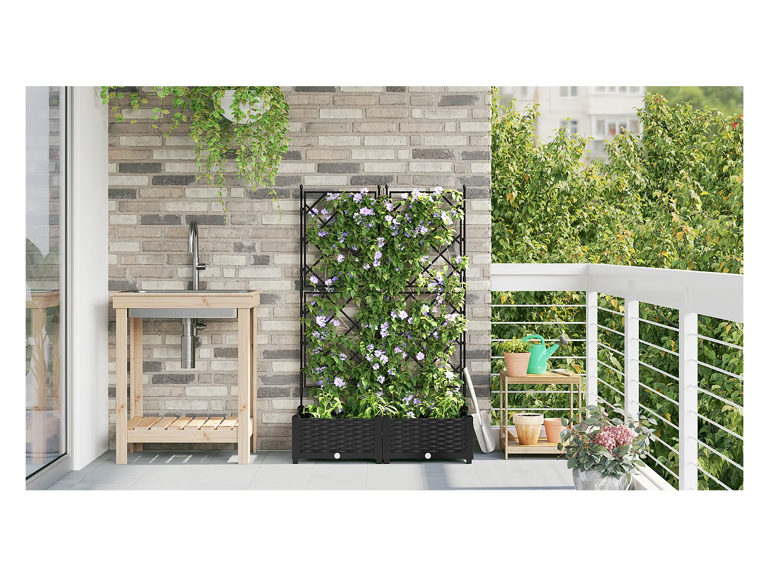 Fioriera da giardino con traliccio 2 pezzi Nero 80x40x125,5 cm