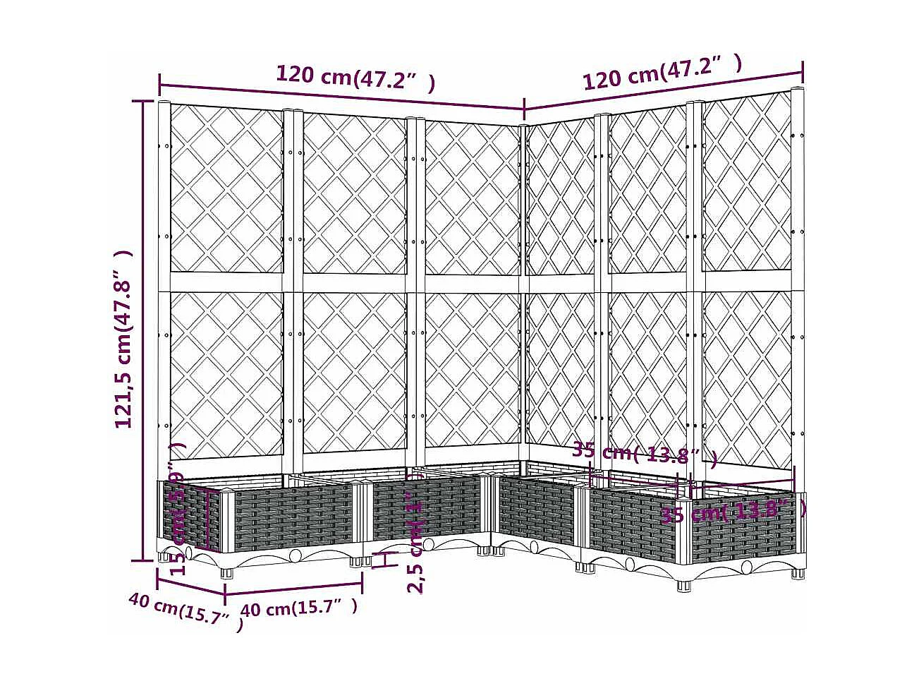 Jardinière avec treillis bleu gris 120x120x121,5 cm PP