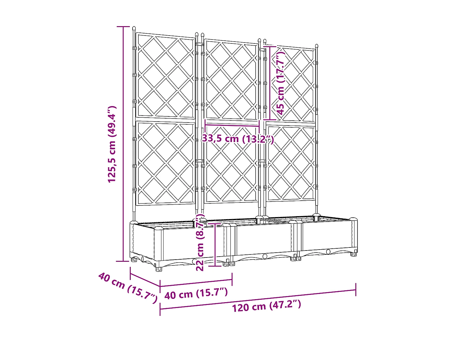 Plantenbak met trellis 3 stuks Zwart 120x40x125,5 cm